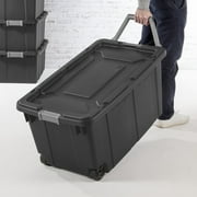 Sterilite Extra-Large Wheeled Industrial Storage Bin, 40 Gallon Durable Plastic Storage Tote with Latching Lid and Pull Handle, Dark Gray