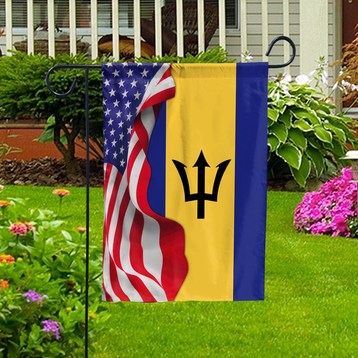 American Flag Waving Show Barbados Flag Barbadian American Friendship Proud Root House Flag, Double-Sided Decorative Outdoor Flag, Patriotic Polyester Yard Flag 29.5 x 39.5 in