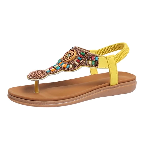 Wensltd Beach Sandals for Women Bohemian Elastic Flat Flip Flop Sandals Casual Summer Outdoor Vacation Walking Shoes Black Yellow