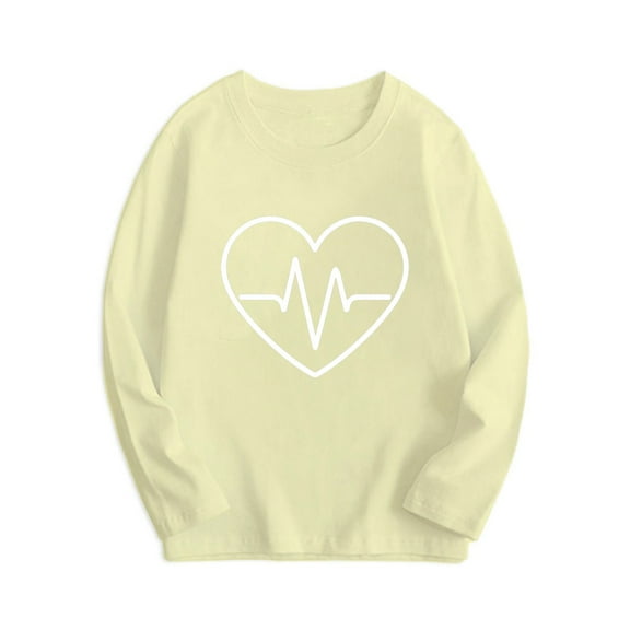 Edvintorg Kids Long Sleeve Shirt Fashion Girls Boys Heart Printing Casual Tops Soft Cotton Crewneck Basic T-Shirts 3-14 Years Unisex Tees Top