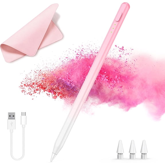 Stylus Pen for iPad 2018-2025, Palm Rejection iPad Pencil with No Bluetooth Needed, Tilt & Pressure Sensitivity, 3 Replaceable Tips, Pink