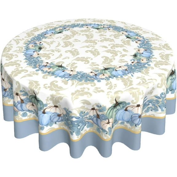 Fall Blue Pumpkin Round Tablecloth 60 Inch Fall Farmhouse Autumn Harvest Table Cloth Thanksgiving Fabric Tablecloth Elegant Decorative for Indoor and Outdoor Holiday Party
