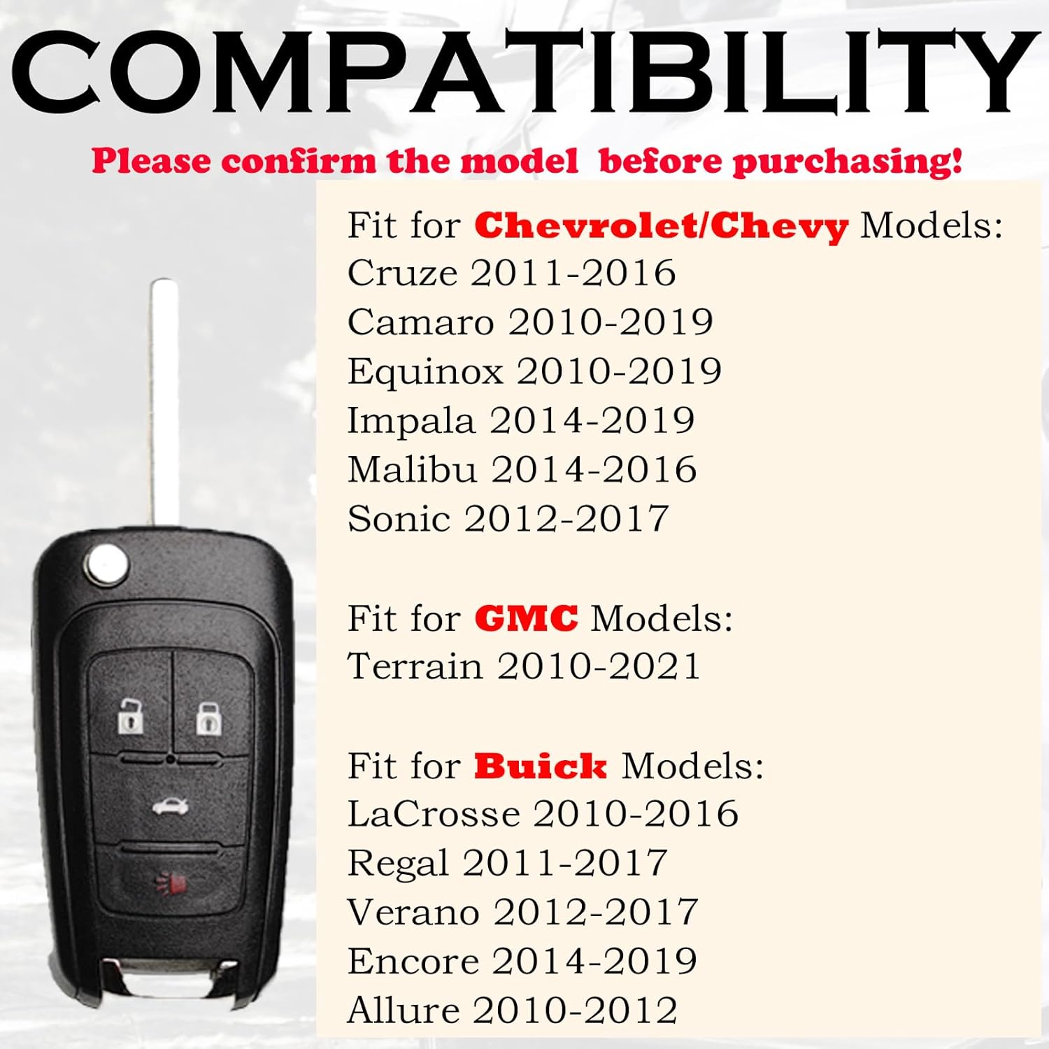 Flip Key Fob Replacement Fits for Chevy Cruze Equinox Camaro Impala 2010 2011 2012 2013 2014 2015 2016 2017 2018 2019 Malibu Sonic Buick Regal Verano Encore GMC Terrain Keyless Entry Remote
