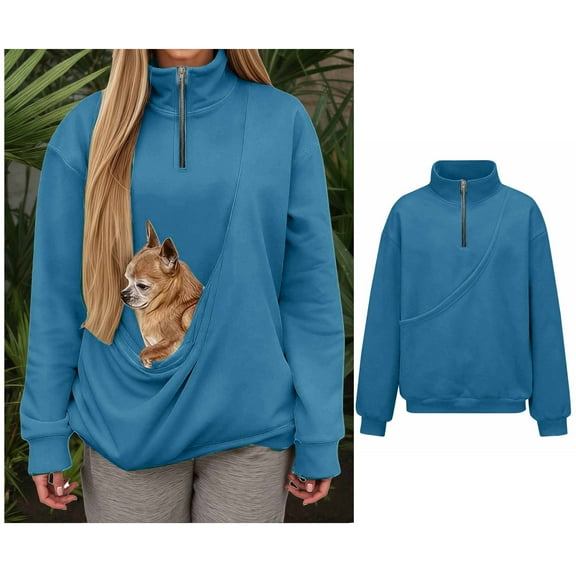 Women Sweatshirt With Pouch For Small Dog Quarter Zipper Dog Carrier Sweatshirt Fashionable Long Sleeve Oversized Pocket Pullover Tops Winter Clothes
