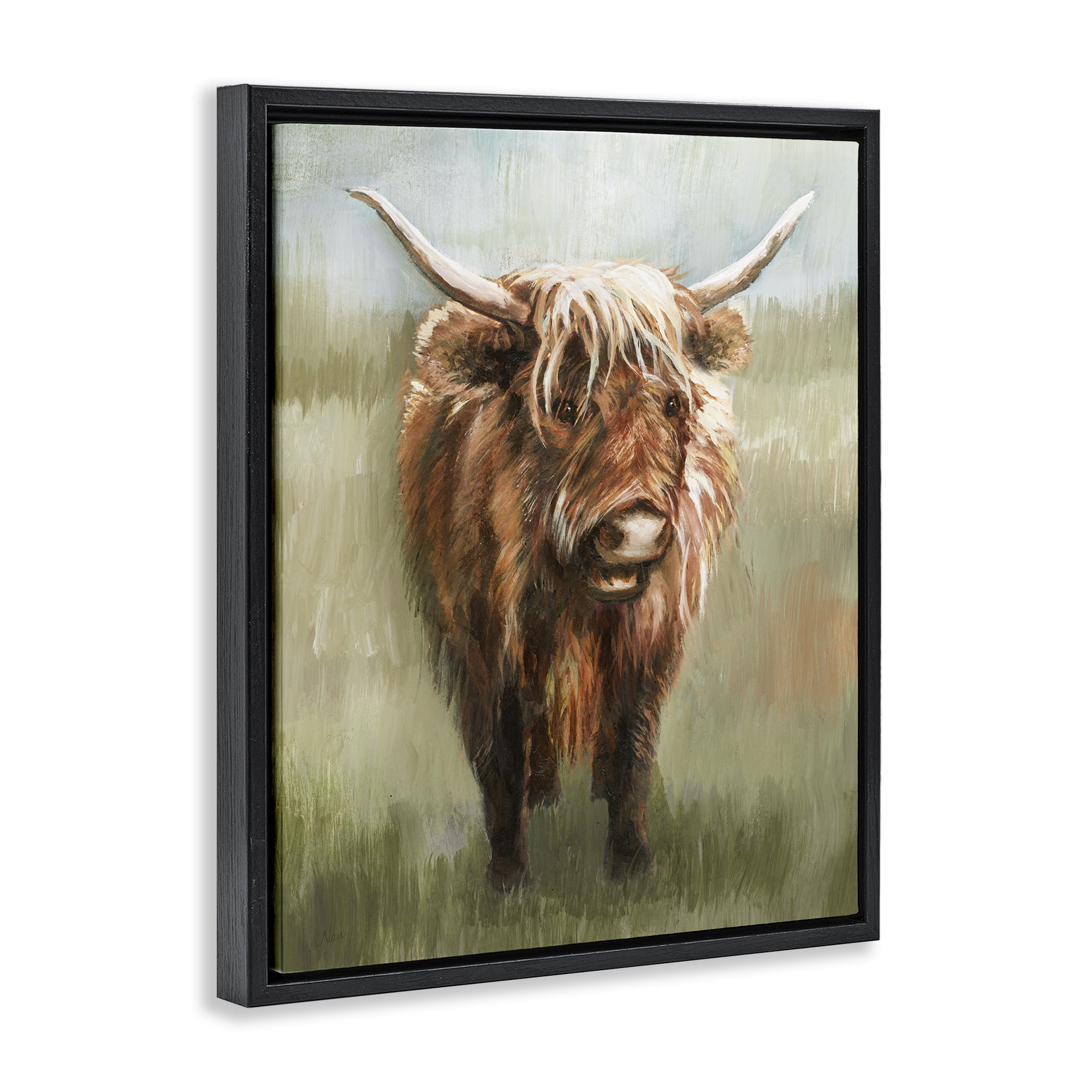Stupell Industries Highland Cattle Painting Animals & Insects Painting Black Floater Framed Canvas Art Print Wall Art, 17 x 21