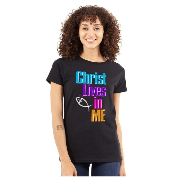 Christ Lives in Me Christian Faith Womens Slim Fit Graphic Tee Brisco Brands S
