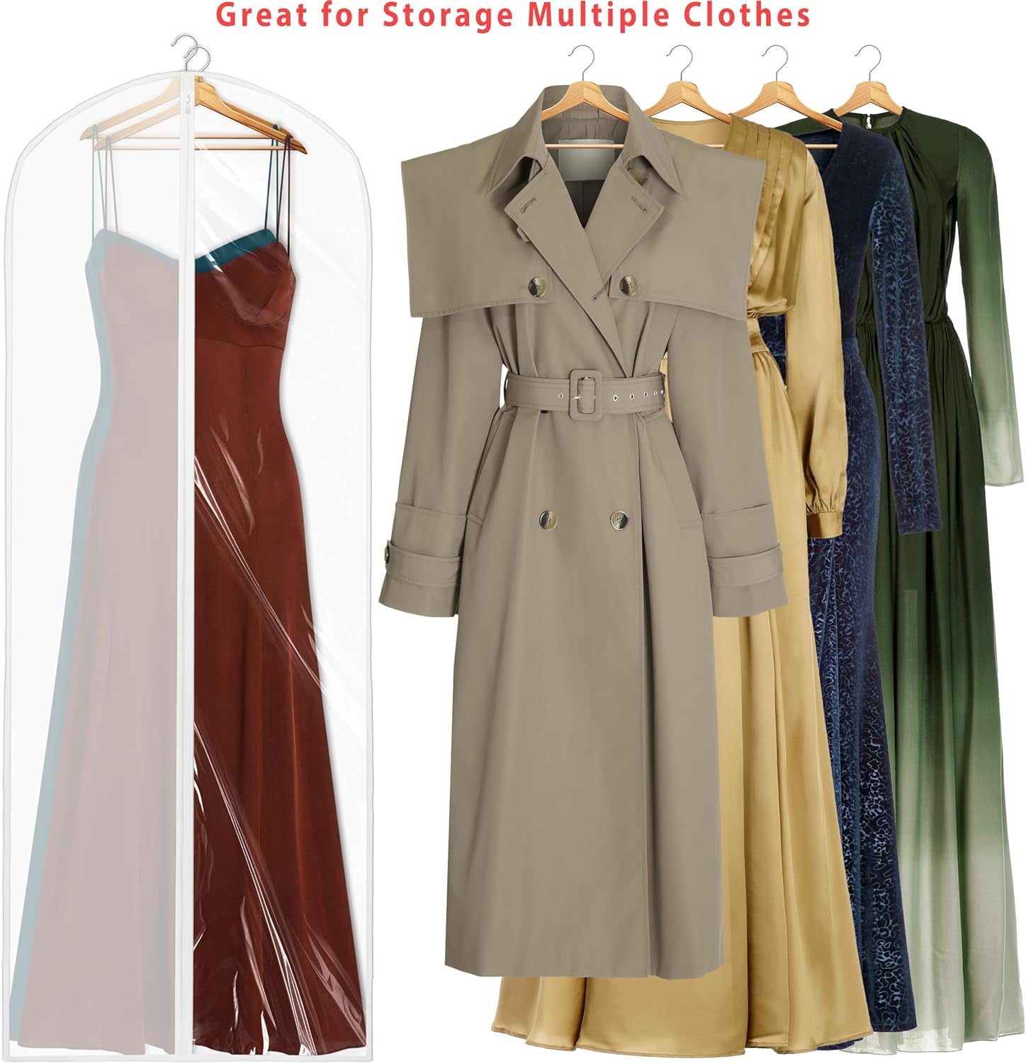 40-Inch Clear Garment Bags with Zipper for Suits, Dresses, Costumes, Uniforms - 5 Pack