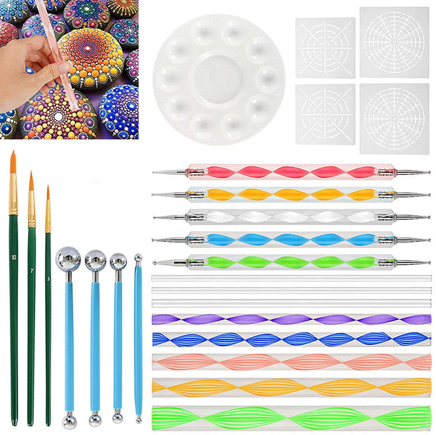 55PCS Mandala Dotting Tools Rock Painting Kit with Brushes, Dot Tools,  Paint Tray, Drawing Art Supplies, Mandala Stencils, Ball Stylus, and Rocks  Craft Nail Kit…