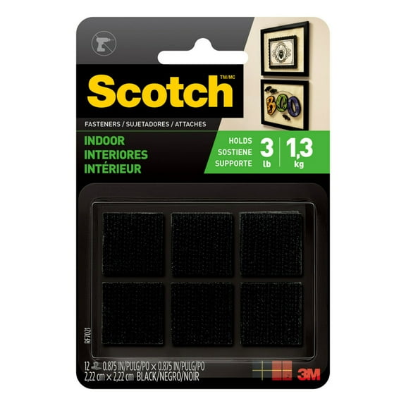 Scotch Indoor Fasteners, Holds 3 lbs., Black, 7/8" x 7/8", 12 Sets