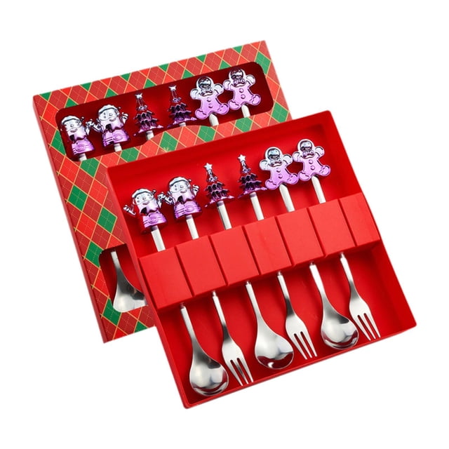 Juego de 6 Piezas de Tenedor y Cuchara de Postre BLESIY Utensilios de Navidad Estilo A