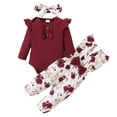 thumbnail image 2 of Emy Dola Newborn Infant 3pcs Outfits Baby Girls Long Sleeve Ruffle Romper Tops+ Flower Suspender Pants+ Headband Chothes Set, 2 of 11