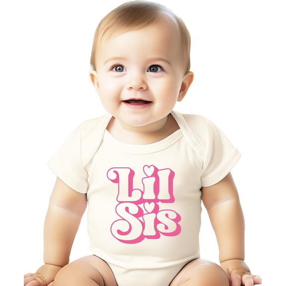 Lil Sis Baby Girl Snap Bodysuit Girly Retro Pink Letters Little Sister One-Piece Natural Bodysuit 12 Months