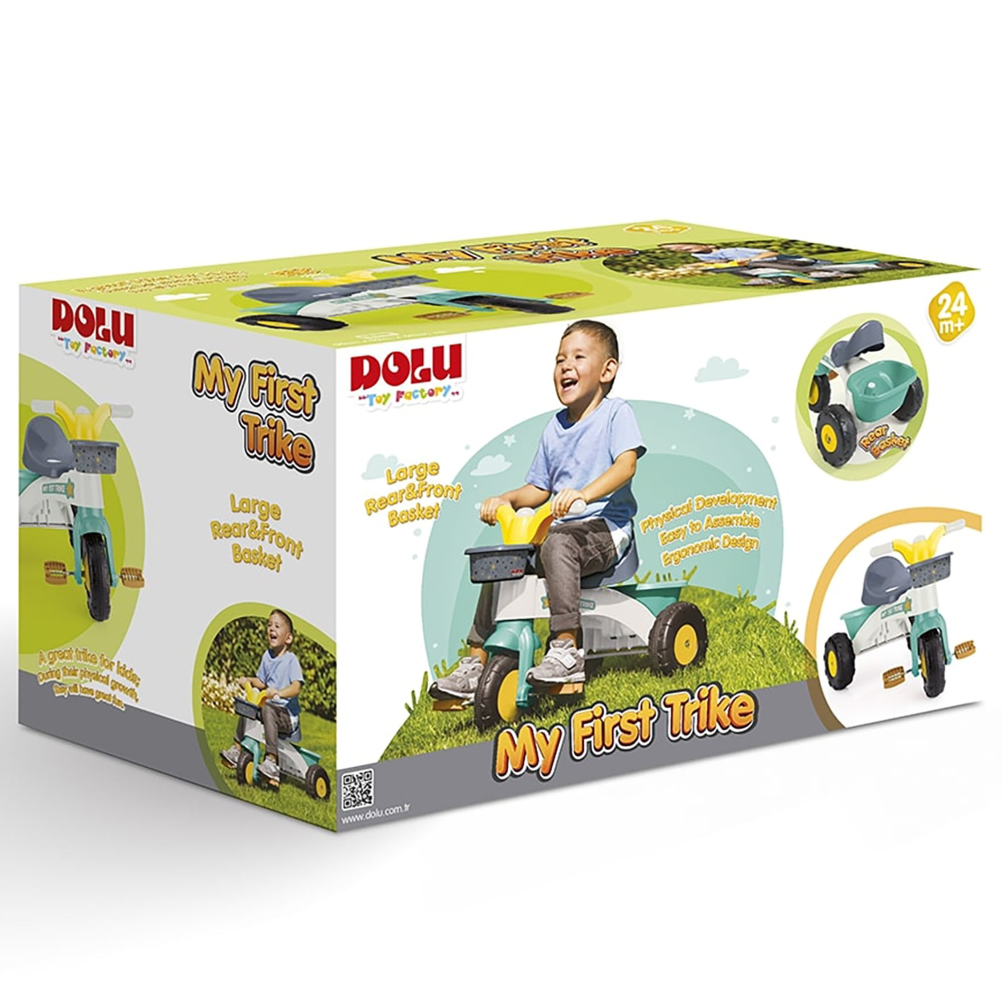 Dolu: My First Trike: White, Green, Yellow - Pedal Operated 3 Wheeled Bike, 2 Baskets, Indoor & Outdoor Tricycle, Ride-On Toy, Kids Toddlers Ages 2+