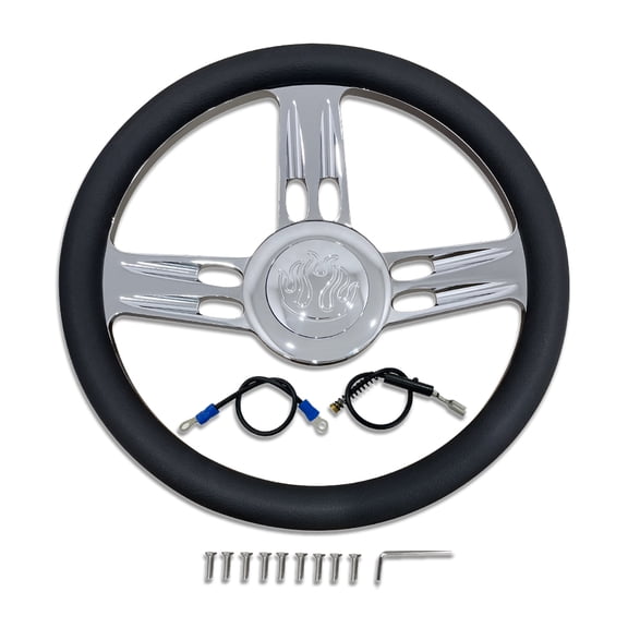 IMOOA Chrome 14" Billet Aluminum 9 Holes Steering Wheel Bullet Style with Black Leather Half Wrap & Flamed Horn Button