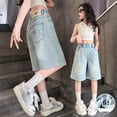 thumbnail image 2 of CPNG Girls Baggy Denim Shorts Elastic High Waist Knee Length Jean Jorts Summer Thin Fashion Casual Loose Jeans Shorts(Light Blue,10-11 Years), 2 of 9