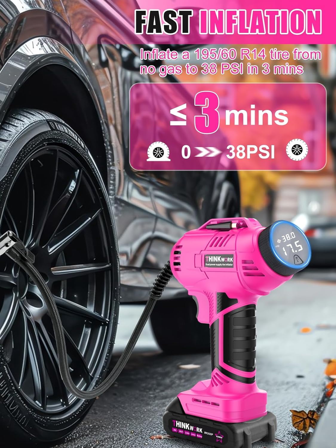 Tire Inflator Portable Air Compressor, Pink Cordless Car Tire Pump with 20V Rechargeable Battery, 12V Car Power Adapter, 150 PSI Handheld Air Pump for Car, Motorcycle, and Bike, Gift for Women