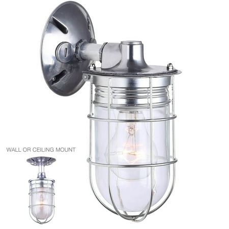 - Weatherproof Exterior Outdoor Cage Light Wall or Ceiling Mount Lantern Industrial Barn Sconce, Silver