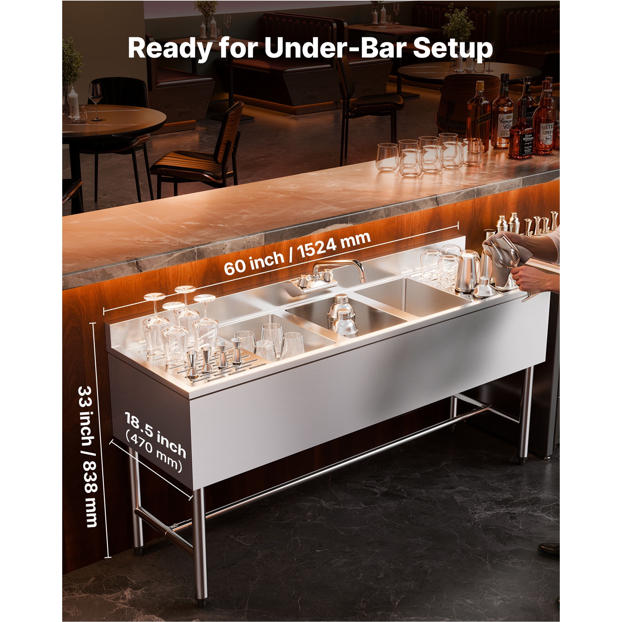 KFFKFF 3 Compartment Stainless Steel Sink, 18-Gauge 304 Material, 10" x 14" x 10" Bowls, Commercial Under Bar Sink with Dual Drainboards and Backsplash for Kitchen, Restaurant, Food Truck