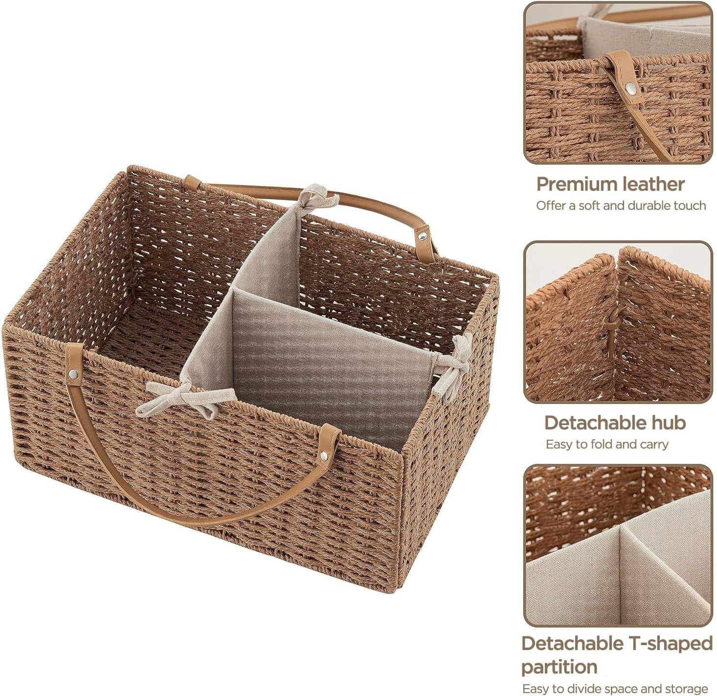 Baby Diaper Caddy Organizer, Paper Rope Storage Baskets Nursery Bin with Removable Divider, Portable Car Organizer for Diapers, Baby Shower Gifts, Newborn Essentials Must Haves
