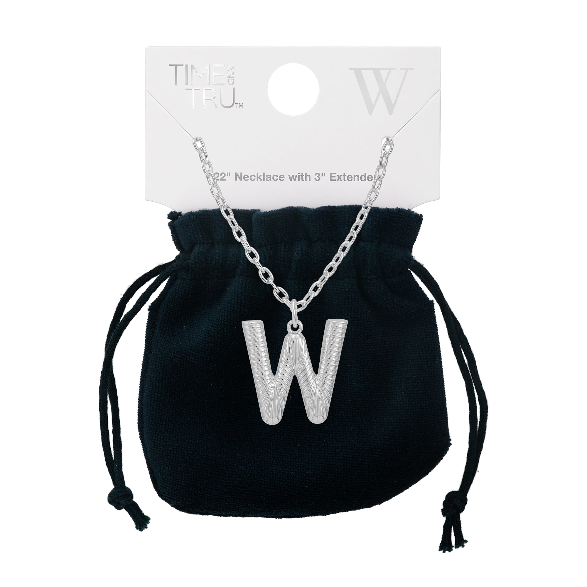 Time and Tru Women's Silvertone Initial W Necklace with Giftable Pouch