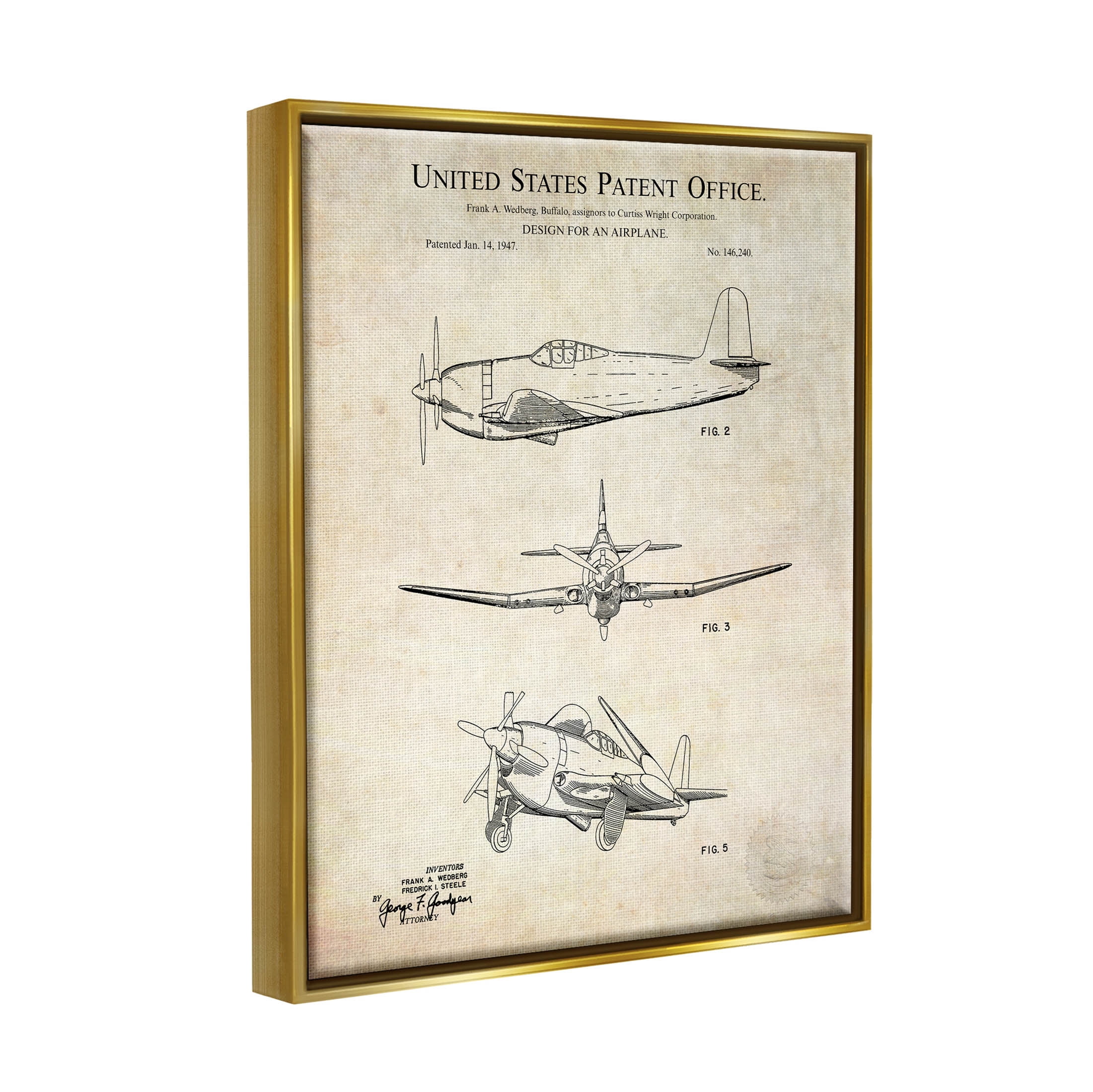 Stupell Industries Vintage Historic US Aircraft Graphic Art Metallic Gold Floating Framed Canvas Print Wall Art, Design by Karl Hronek