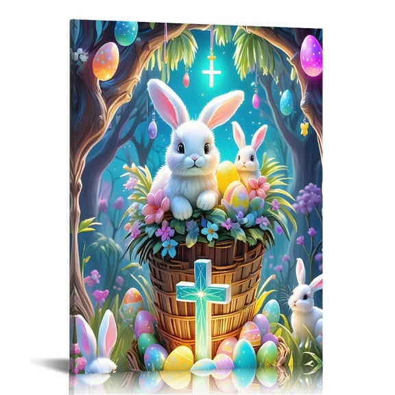 Charming Vintage Easter Bunny Egg Print Wall Art, Lovely Rabbit Picture Posters Wrapped Canvas Wall Decor Artwork Painting for Bedroom, Living Room,Bathroom, Office Classic Home Decor Easter Gifts