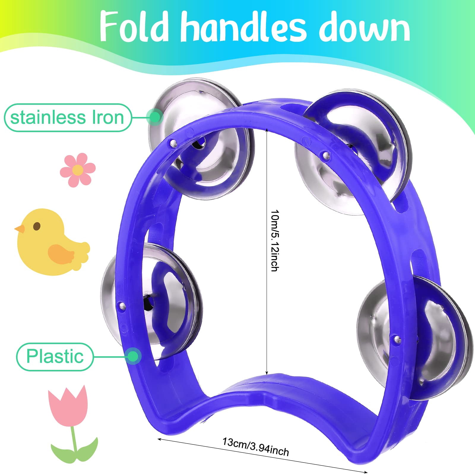 50 Pieces Tambourine Bulk For Kids Adults 4 Bells Colored Noise Makers Tambourines Musical Rhythm Instrument Set Church Worship Toddler Students Music End Of School Year Gifts