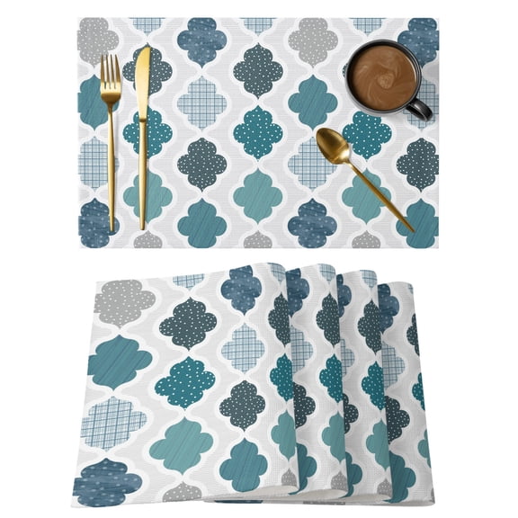 Mid Century Bohemia Placemats Set of 12, Abstract Boho Pattern Blue Green Teal Geometric Non-Slip Place Mats Washable Table Mats for Kitchen Dining Table Decorations Indoor/Outdoor