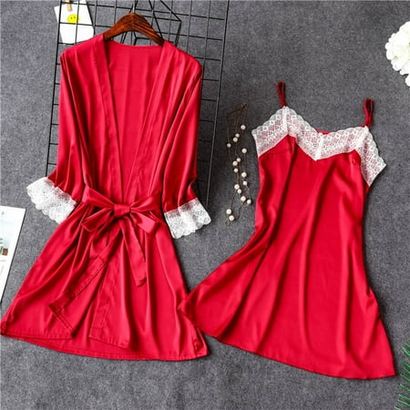 

2PC Women Lace Satin Sleepwear Bath Robe Lingerie Pajamas Nightdress Underwear