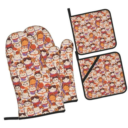

Honeii Maneki-Neko Cats Pattern Oven Mitts and Pot Holders Silicone Oven Gloves 500 F Heat Resistant Oven Mitts Sets 4PCS