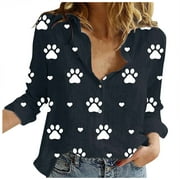 Ladies Dog Paw Print Button Long Sleeve Shirt Womens Loose Daisy Printing Long Shirt Cotton Ladies Casual Tops T-Shirt Blouse Long Sleeve Shirts for Women Reduced Price and Clearance Sale