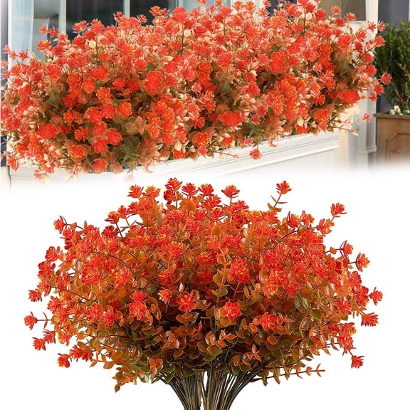 GMZW 8 Pack No Fade Artificial Fall Flower Bushes, Faux Autumn Greenery Stems, Fake Outdoor UV Resistant Plants for Window Box Porch Thanksgiving Wedding Fireplace Home Garden Decor
