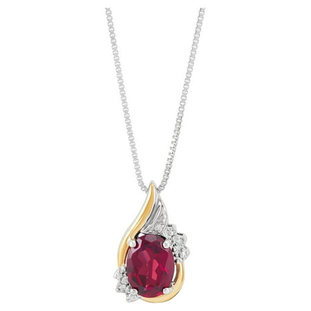 Brilliance Fine Jewelry Created Ruby and Diamond Accent Birthstone Pendant Necklace in Sterling Silver with 10kt Yellow Gold, 18"