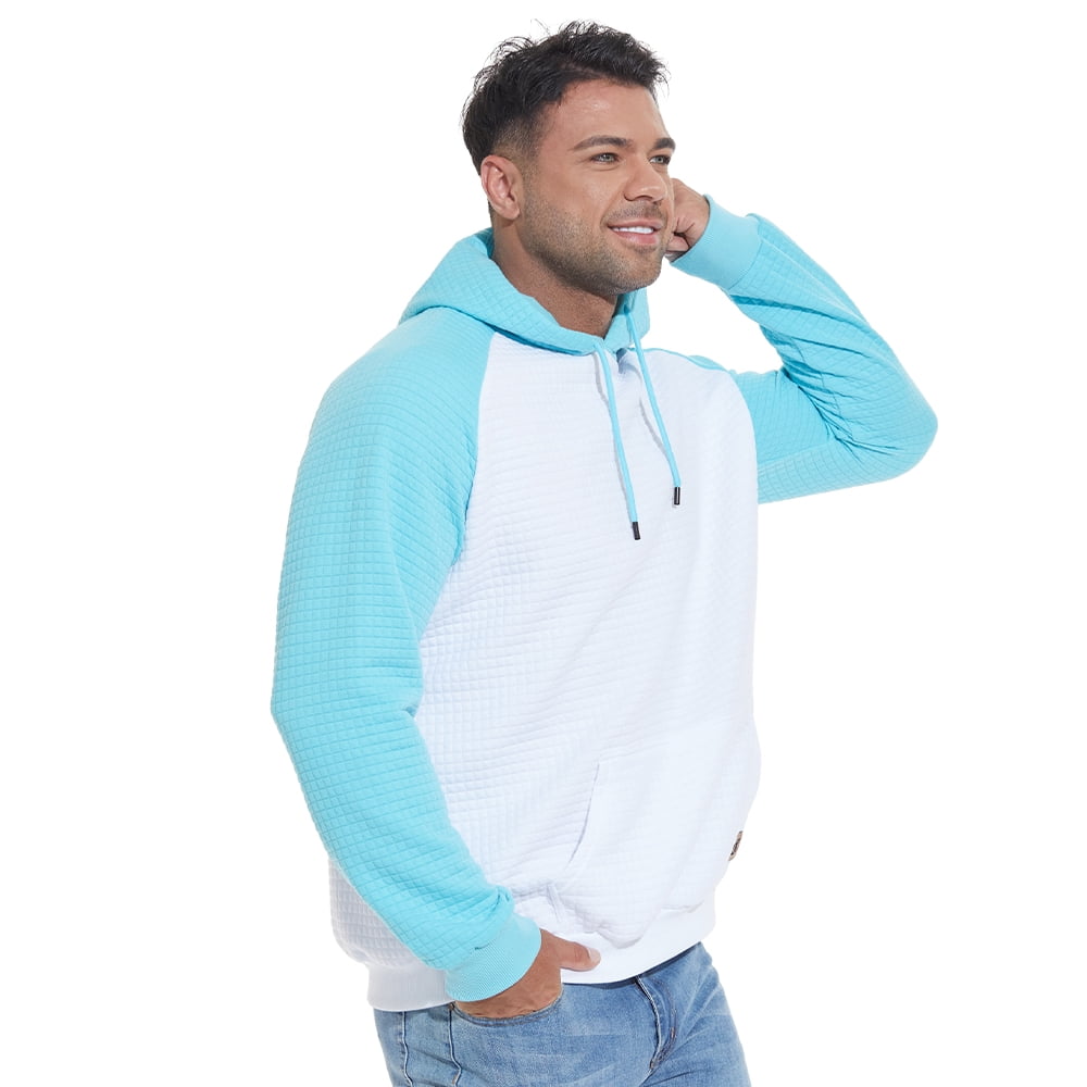 Satankud Men's Pullover Hoodies Plaid Jacquard Color Block Long Sleeve Casual Hooded Sweatshirts with Kanga Pockets White/Sky Blue L