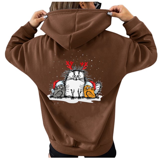 Mujeres Otoño Invierno Navidad Bloque de color Gato Estampado gráfico Cuello en V Manga larga Sudadera con capucha Tops Jersey Blusa Fridja FKASFK3486