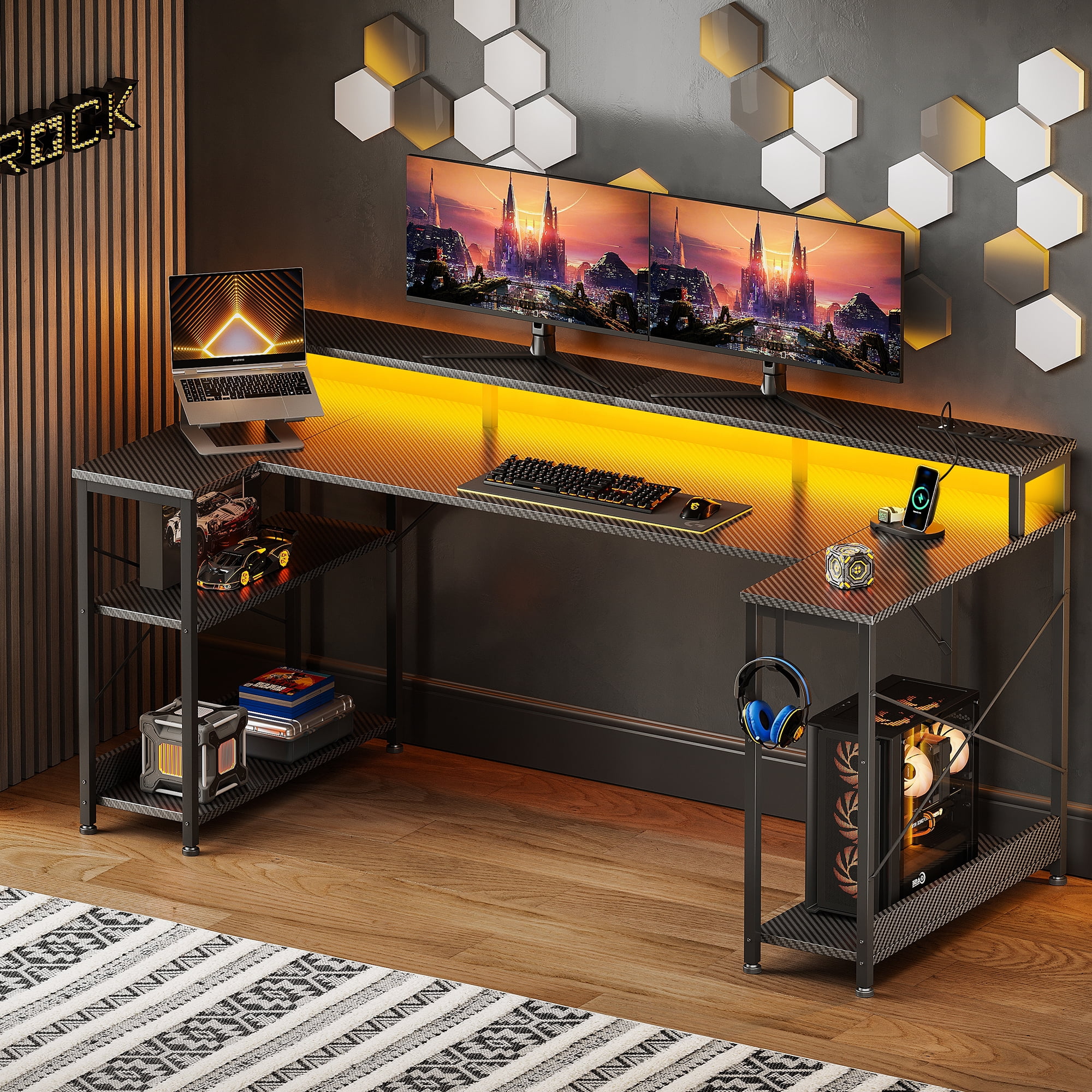 55 inch U Shaped Gaming Desk with Power Outlets & LED Light Strip, Home Office Desk with Storage Shelf, Suitable for Large Space, Gaming, Studying, Carbon Fiber Black
