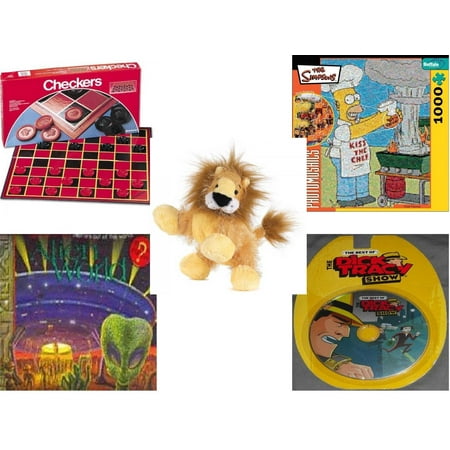 Children's Gift Bundle [5 Piece] -  Checkers Folding Board  - Robert Silvers Photomosaics Homer Simpson  - Ganz Lil'Kinz Lion , 6.5