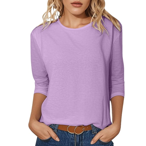 Yuanlong Women's T Shirts O-Neck Elbow-Length Summer Tees Solid Color Soft Loose Fit Classic Versatile Holiday Tee Tops