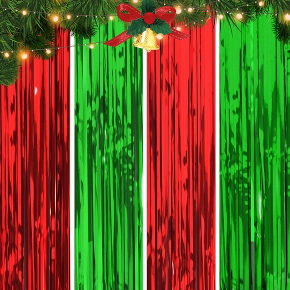 Hovin 4 Packs Foil Curtains Metallic Fringe Curtains Shimmer Curtain for Christmas Party Decorations (Green and Red)