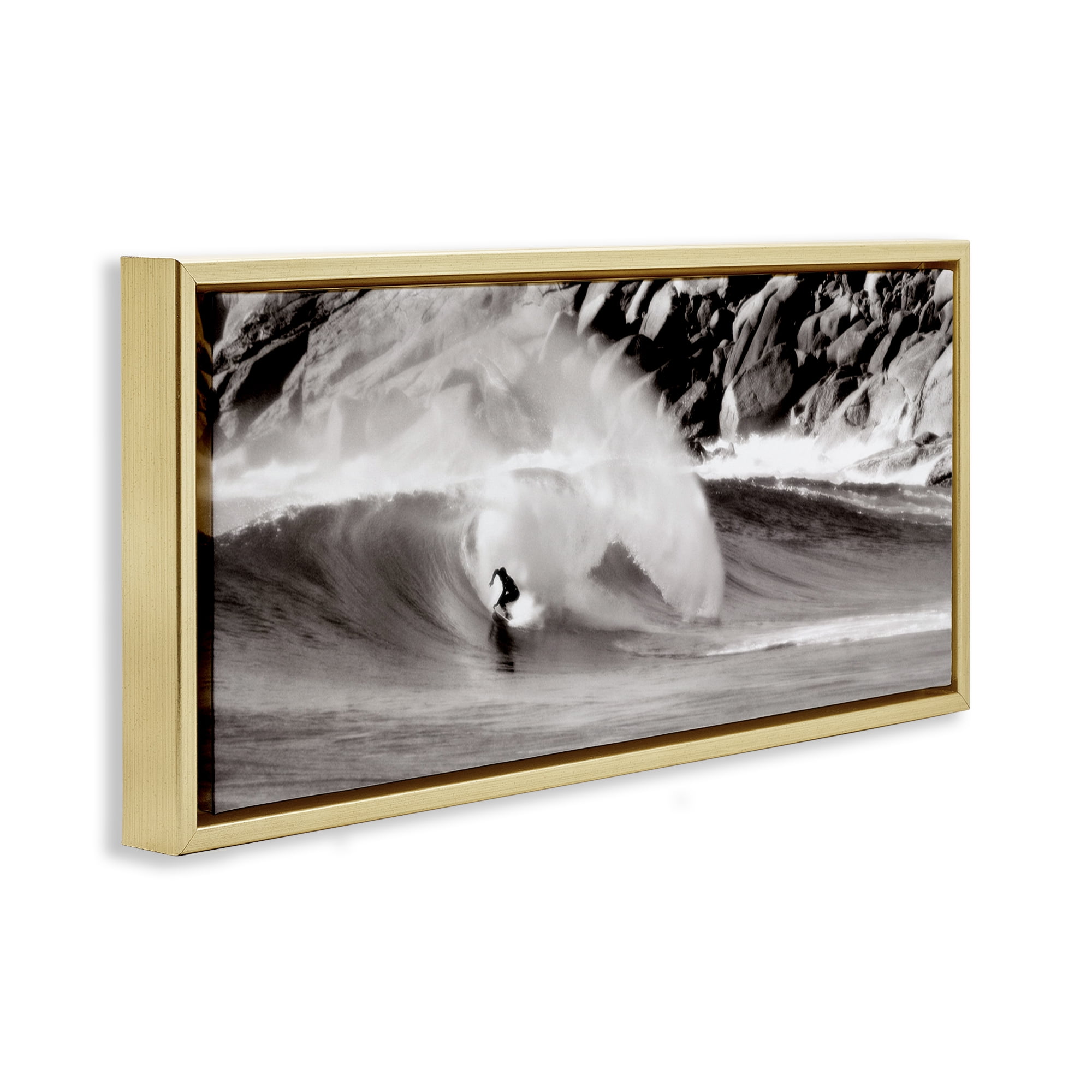 Stupell Industries Surfing Reef Break Coastal Photography Gold Floater Framed Canvas Art Print Wall Art, 25 x 11