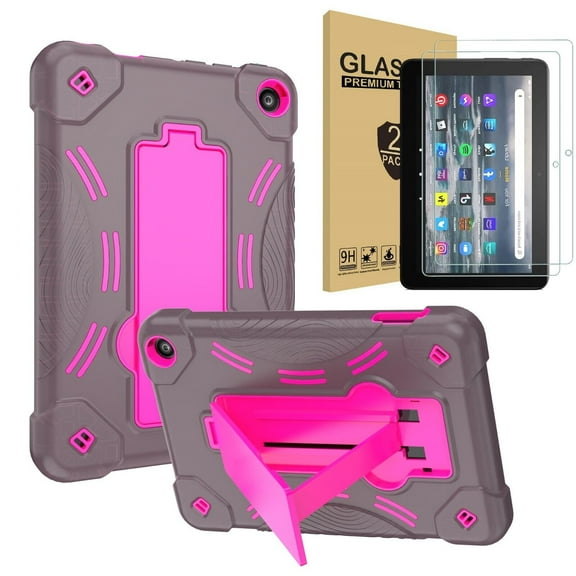 Epicgadget Fire 7 Case 2022 with 2PCS Tempered Glass Screen Protector - Three-Layer Full Body Rugged Shockproof Cover with Stand for Amazon Fire 7 Tablet (12th Generation, 2022 Released) (Gray/Pink)