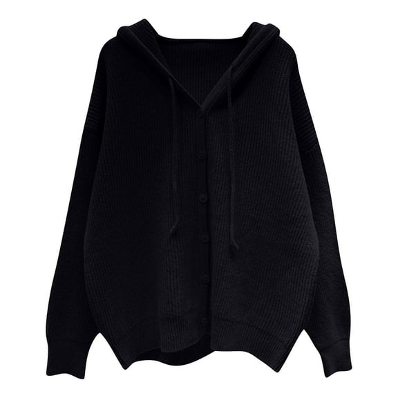 Ecqkame Women's Knitted Cardigan Sweaters With Hooded Loose Long Sleeved Button Up Sweatshirt Solid Fall Jacket A-Black Free Size