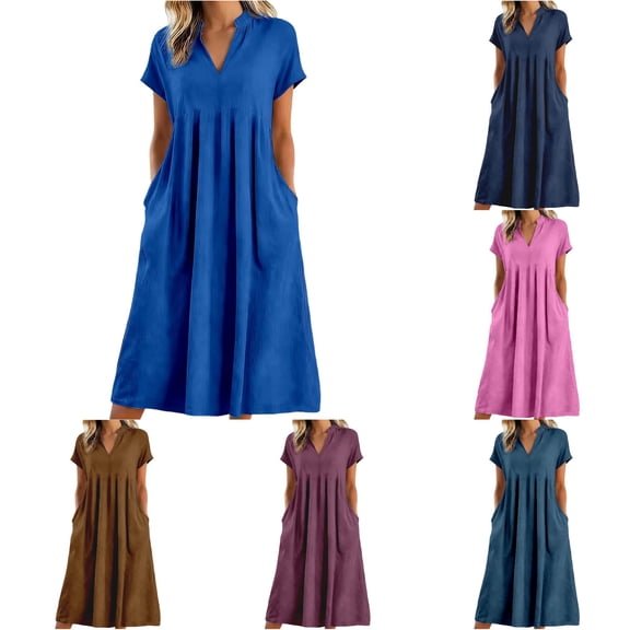 XIAONU Womens Casual Midi Dress Short Sleeve V Neck Loose Pocket Vacation Sundress