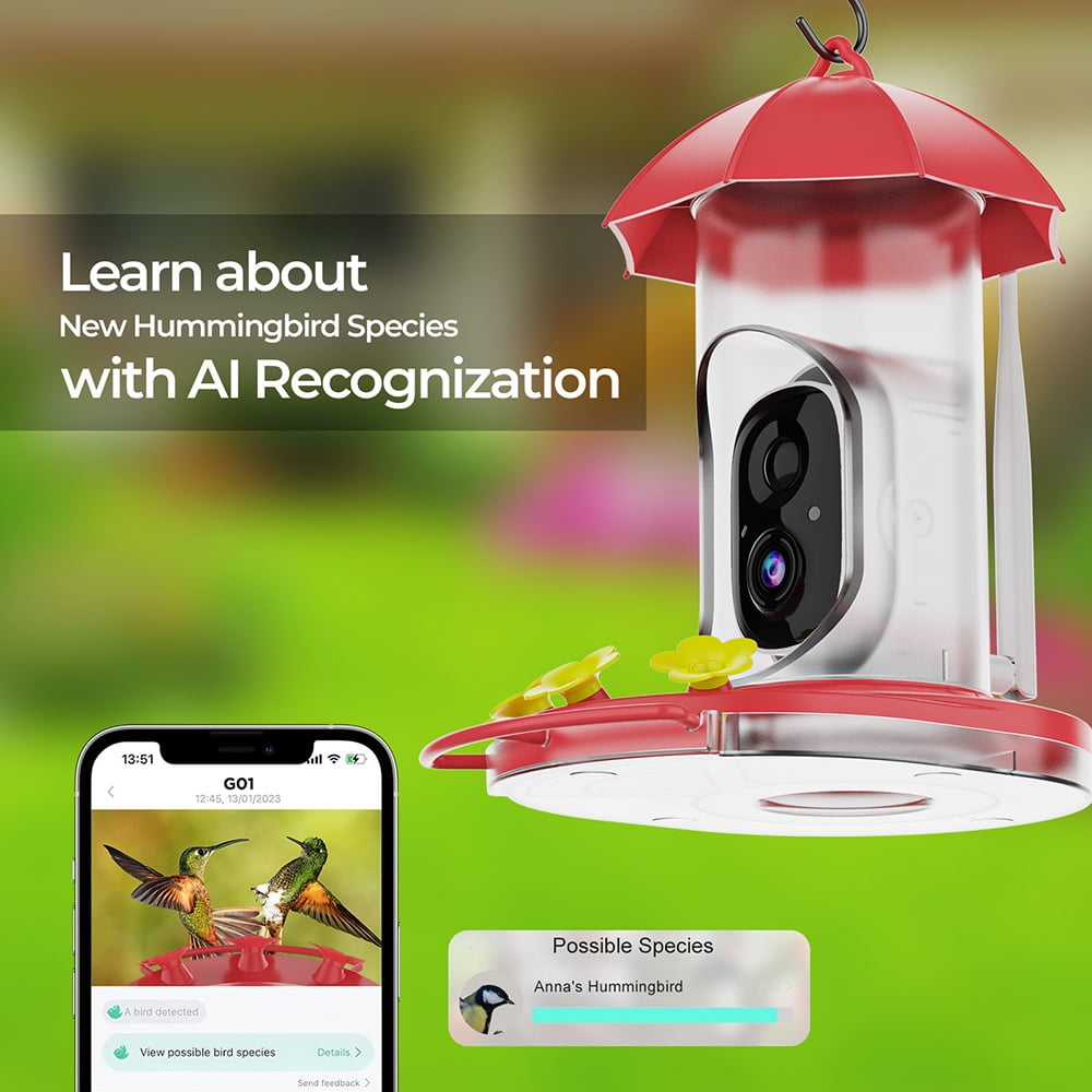 Smart Hummingbird Feeder with Camera Solar Powered Wireless Outdoors Bird Feeder with Ant Moat
