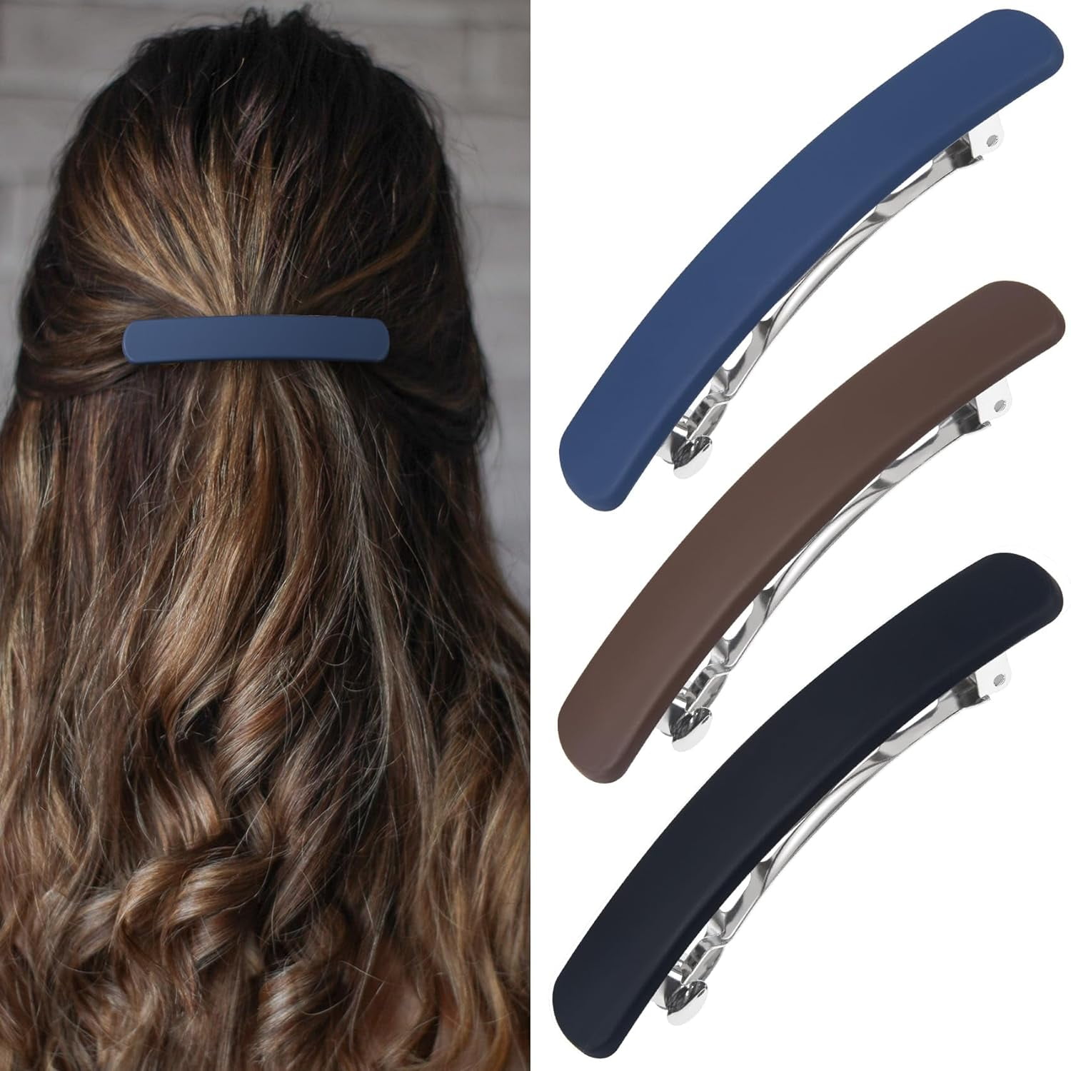 YHRY 3PCS Hair Barrettes for Women, Matte Medium French Clips for Girls Thin Fine Flat Short Hair Styling Vintage Hair Pins Accessories (Black Navy Brown)