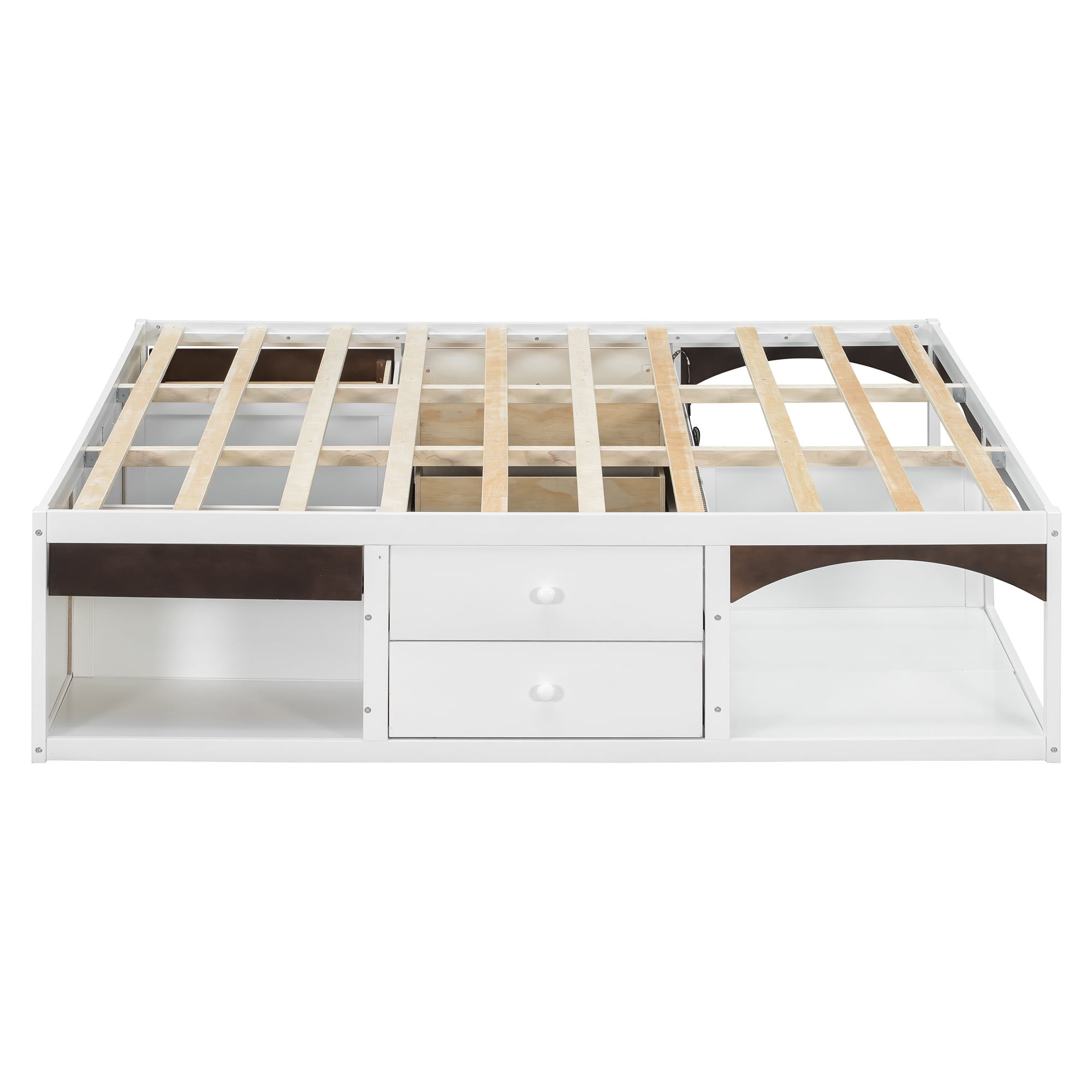 King Size Platform Bed with 2 Storage Drawers, Lighted Under-Bed Open Pet Space, No Headboard