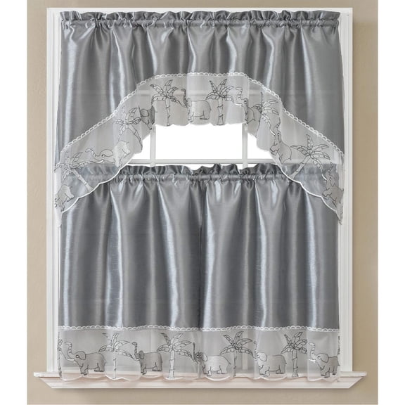 Elephant Embroidered Kitchen Curtain Set, Silver, Swag 60x36, 30x36 Inches
