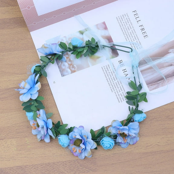 WHAMVOX Bohemia Floral Headband Hawaii Style Simulation Garland Wreath Simulation Flower Crown Forehead Hair Head Band Beach Wreath Headpiece for Festival Wedding Party Holiday(Blue)