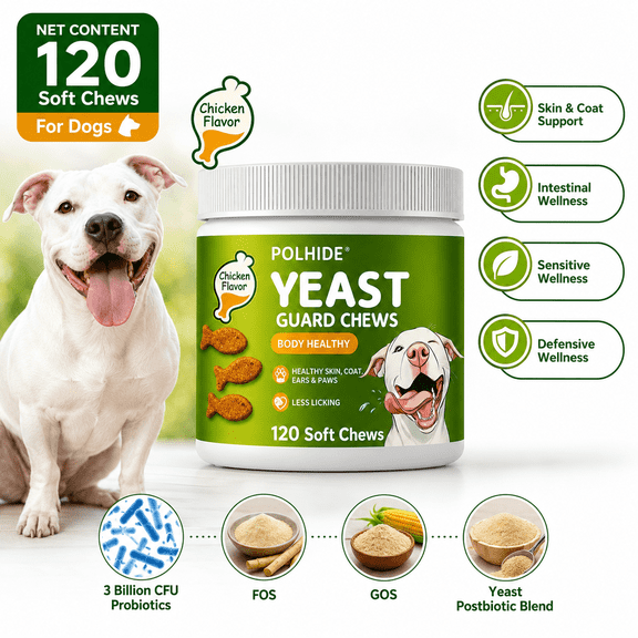 POLHIDE Yeast Guard Chews for Dogs, Chicken Flavor Soft Chew Supplement, Probiotics 3 Billion CFU, Prebiotics FOS/GOS & Yeast Postbiotic Blend, Skin & Coat, Intestinal, Sensitive & Defensive Wellness