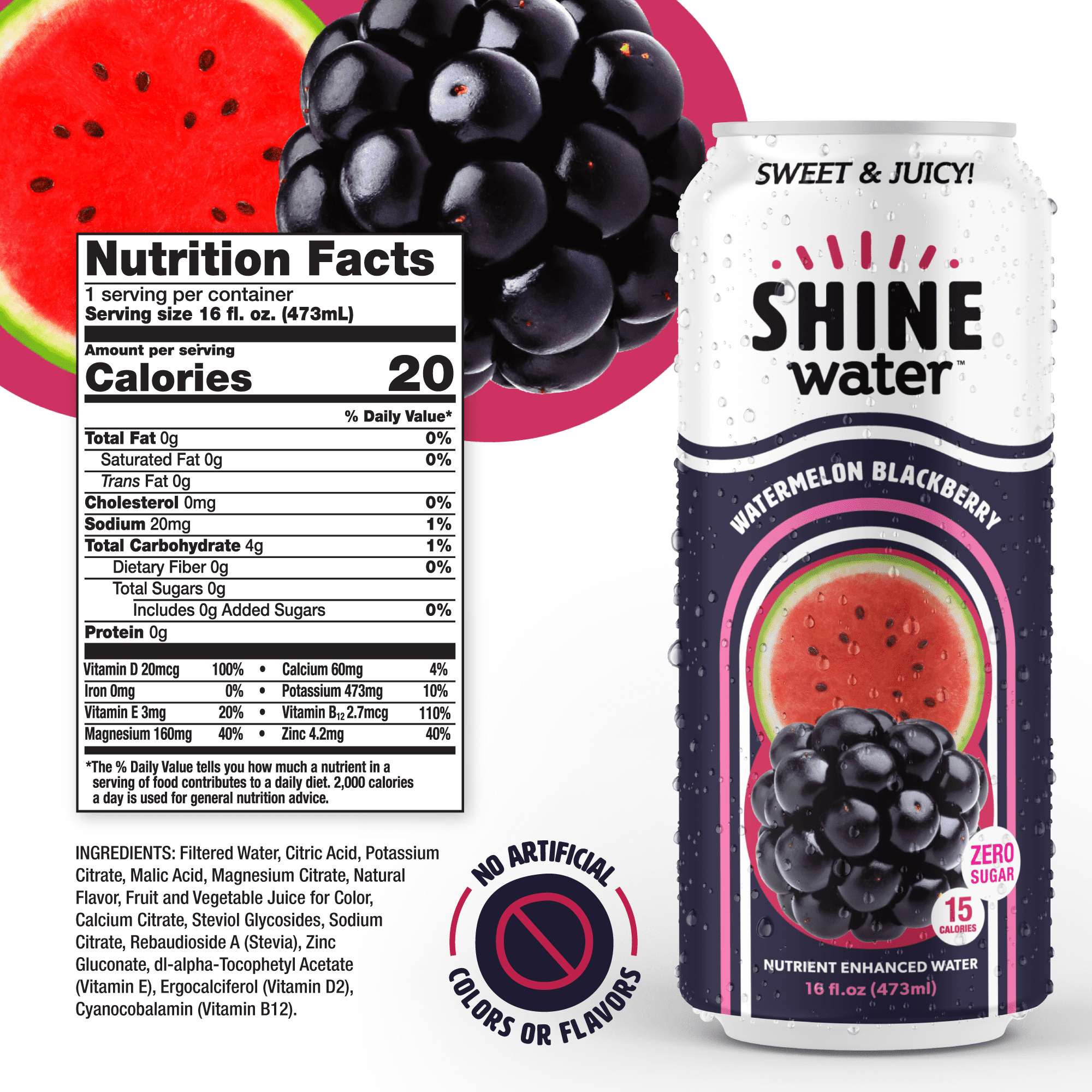 Shine Water Watermelon Blackberry Vitamin D Electrolyte Drinks 12-Pack, Sugar Free Flavored Water with Magnesium, Zinc & Antioxidants, Low Calorie